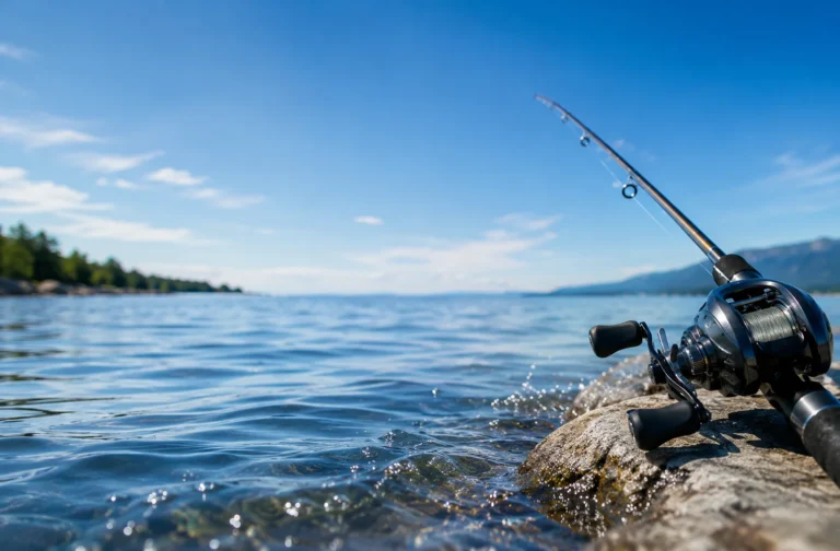 Baitcaster combo rod and reel resting on a rock by a lake