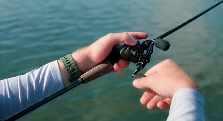 Person is setuping Baitcaster combo for fishing