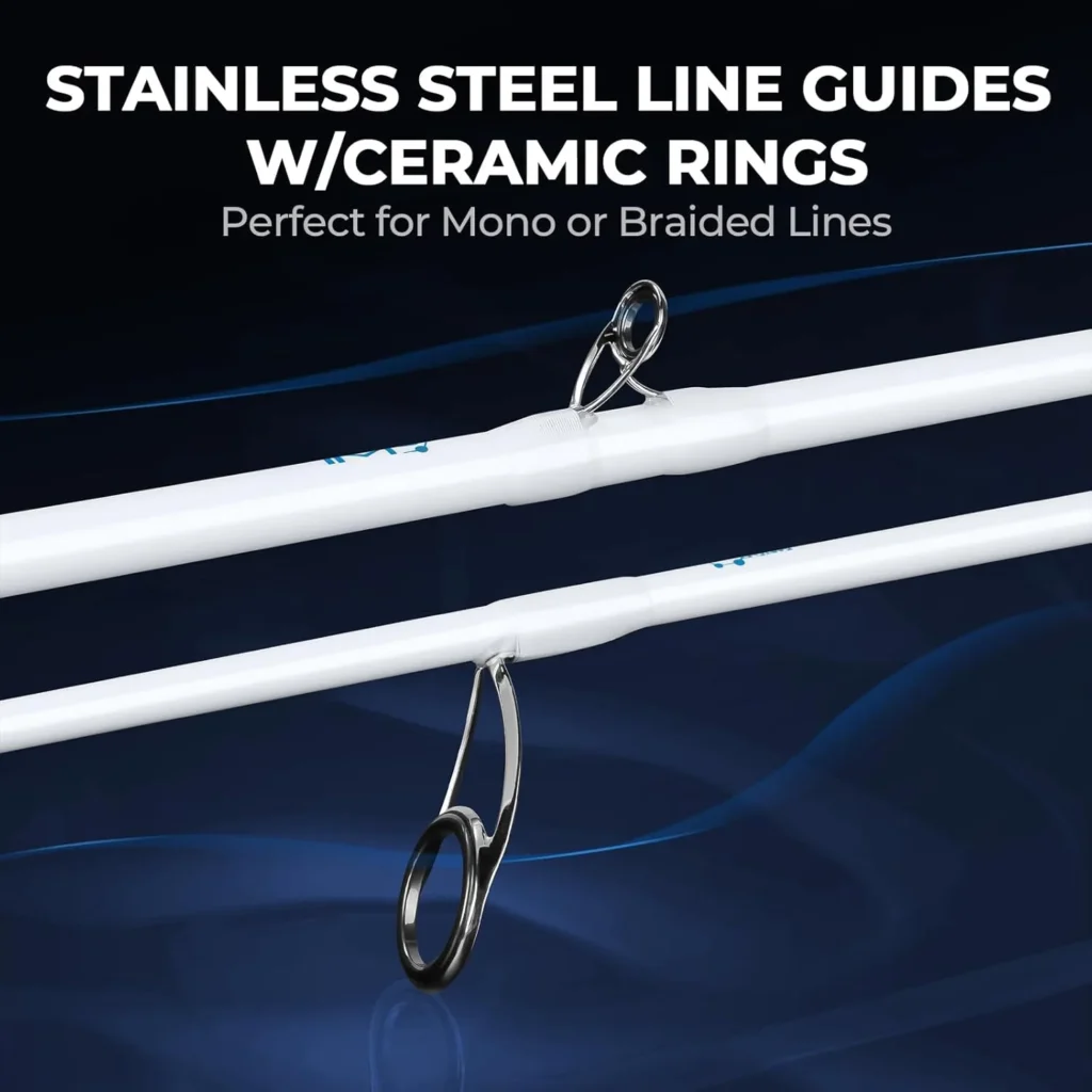 Stainless steel line guides with ceramic rings on a baitcaster rod