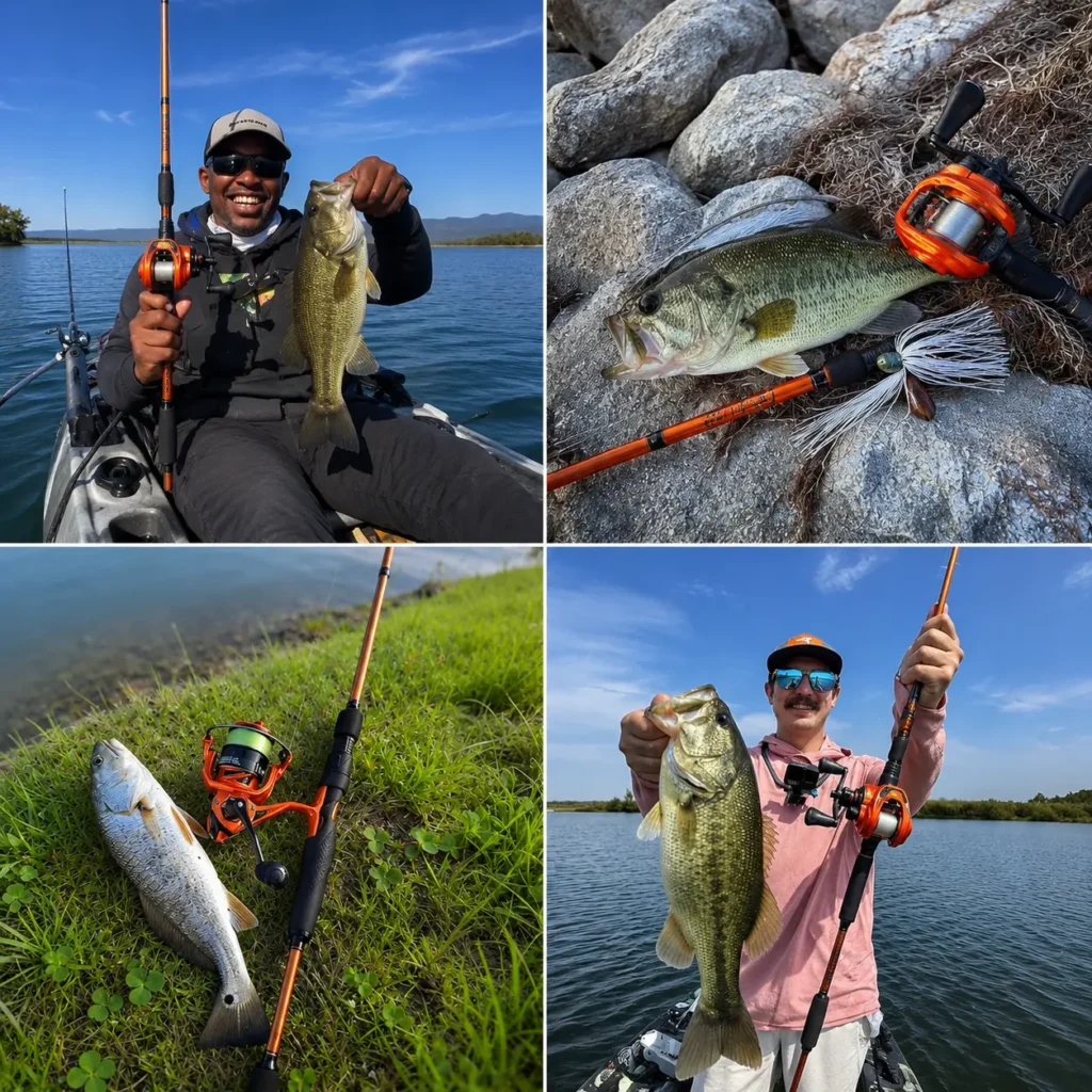 Anglers holding bass caught with baitcaster combos
